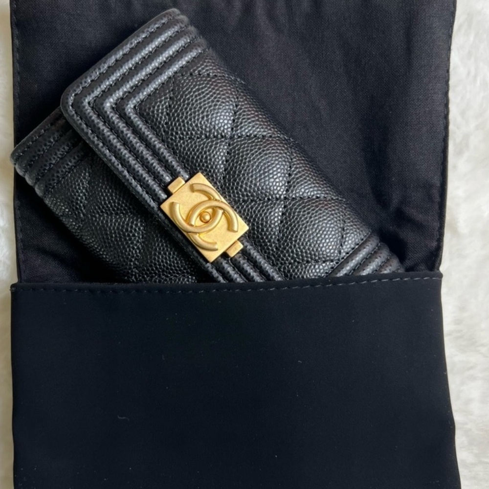 CHANEL Black and Gold Key Card Holder with Quilted Design